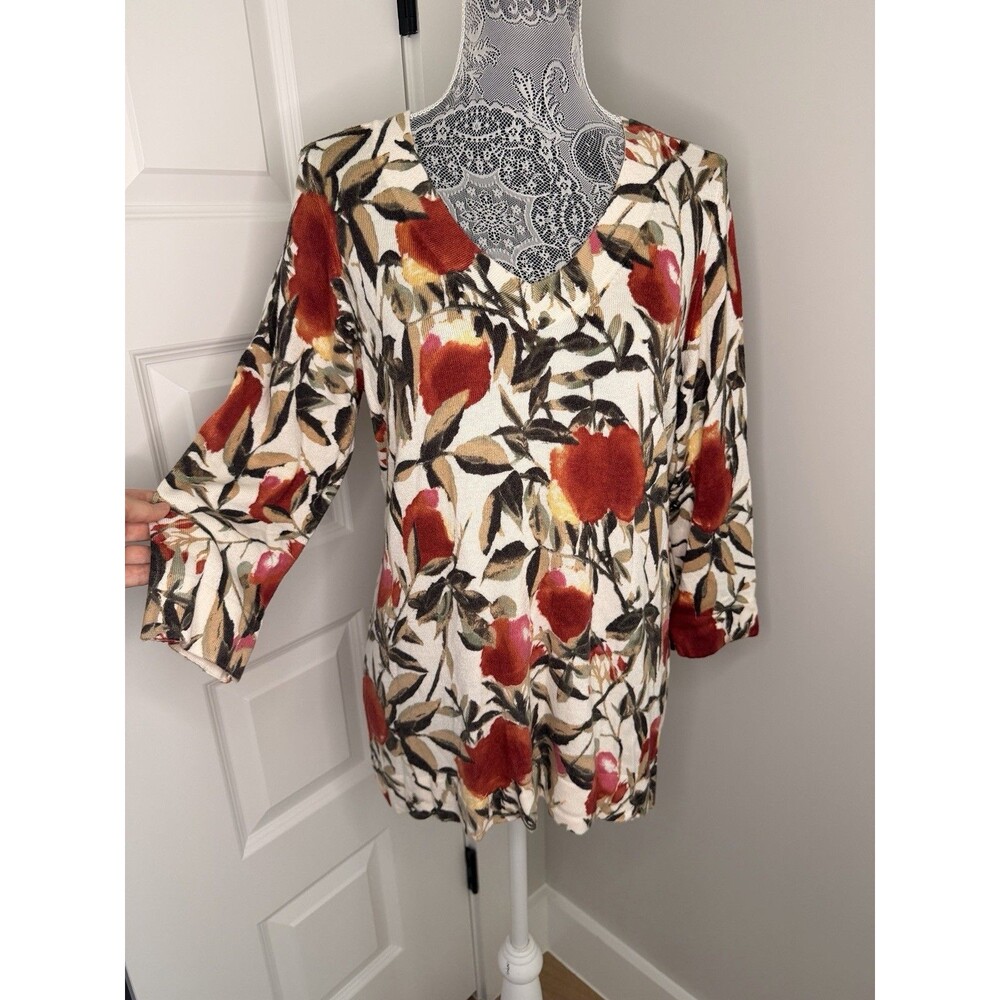 Chico's 3/4 sleeve Floral Cotton Cashmere Blend Knit Top Pullover - Sz 2 (L)